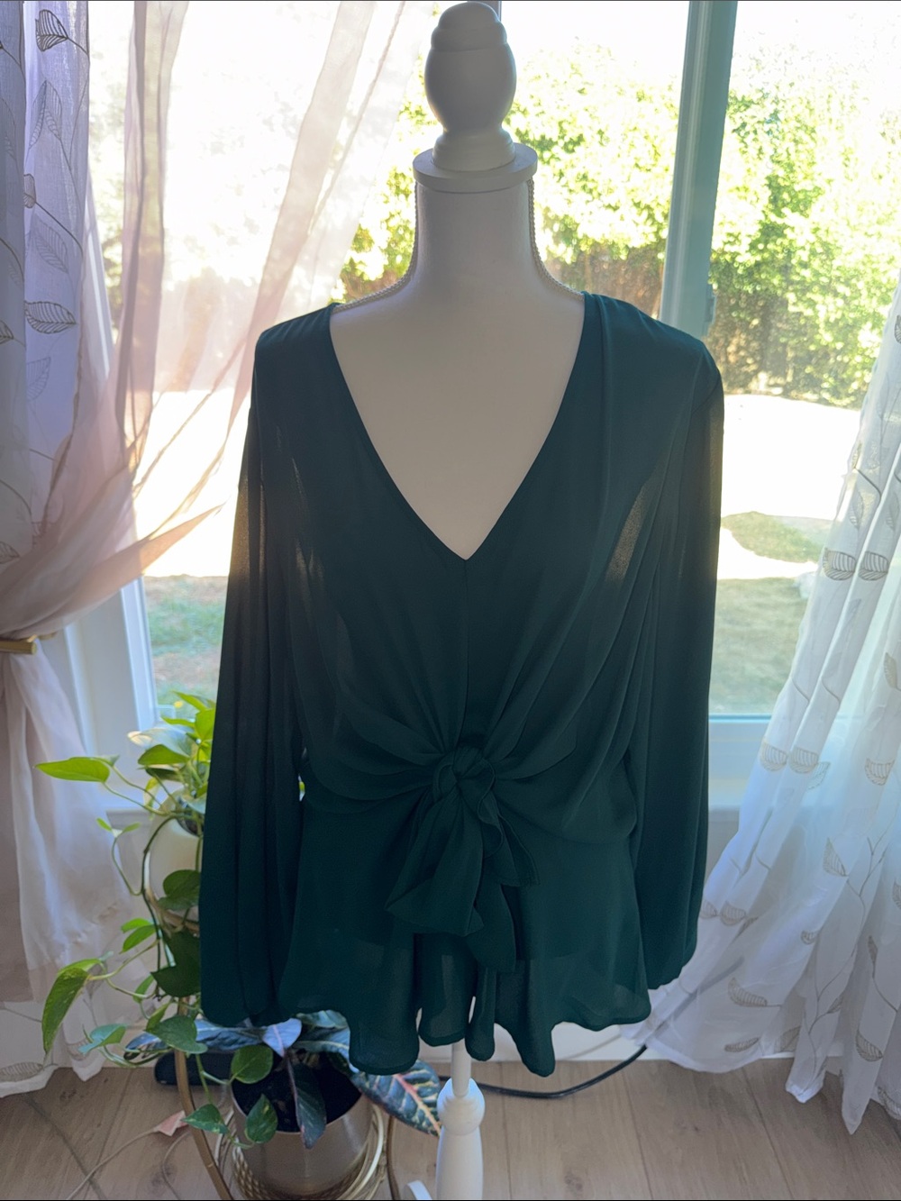 Forever 21 Forest Green V-Neck Tie-Front Blouse